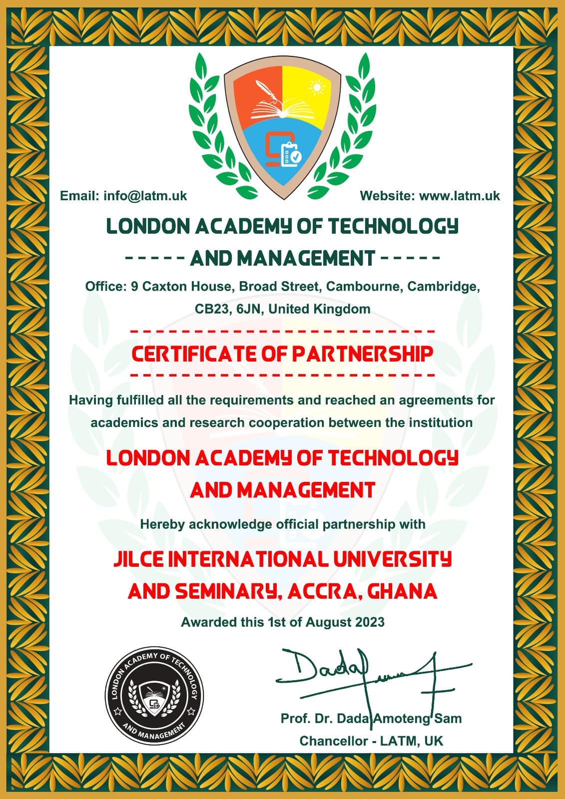 London Academy of Technology and Management (LATM), UK — partnered with JILCE International University and Seminary, Accra, Ghana